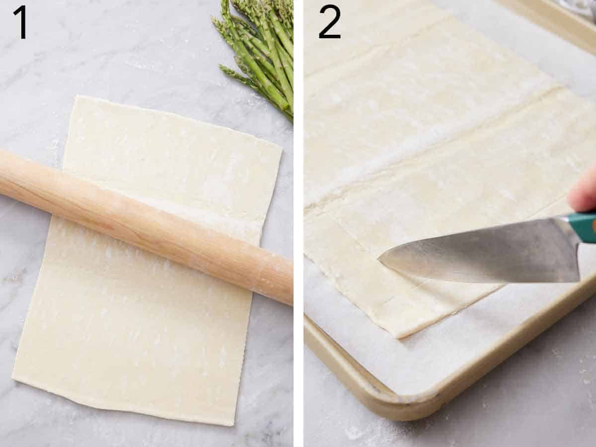 Set of two photos showing puff pastry rolled and scored with a knife.