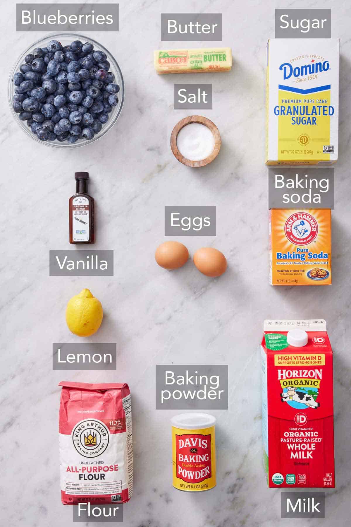 Ingredients needed to make blueberry pancakes.