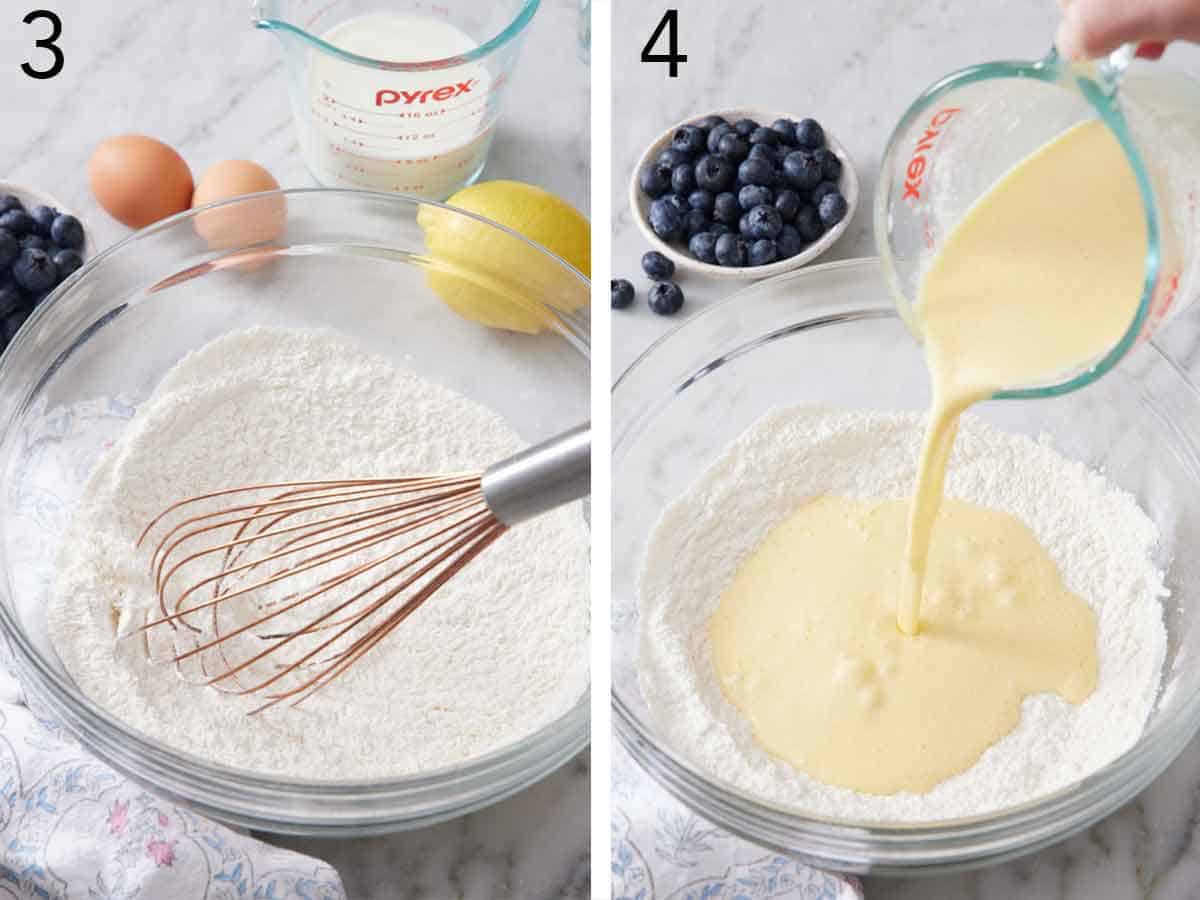 Set of two photos showing dry ingredients whisked in a bowl and wet ingredients poured in.