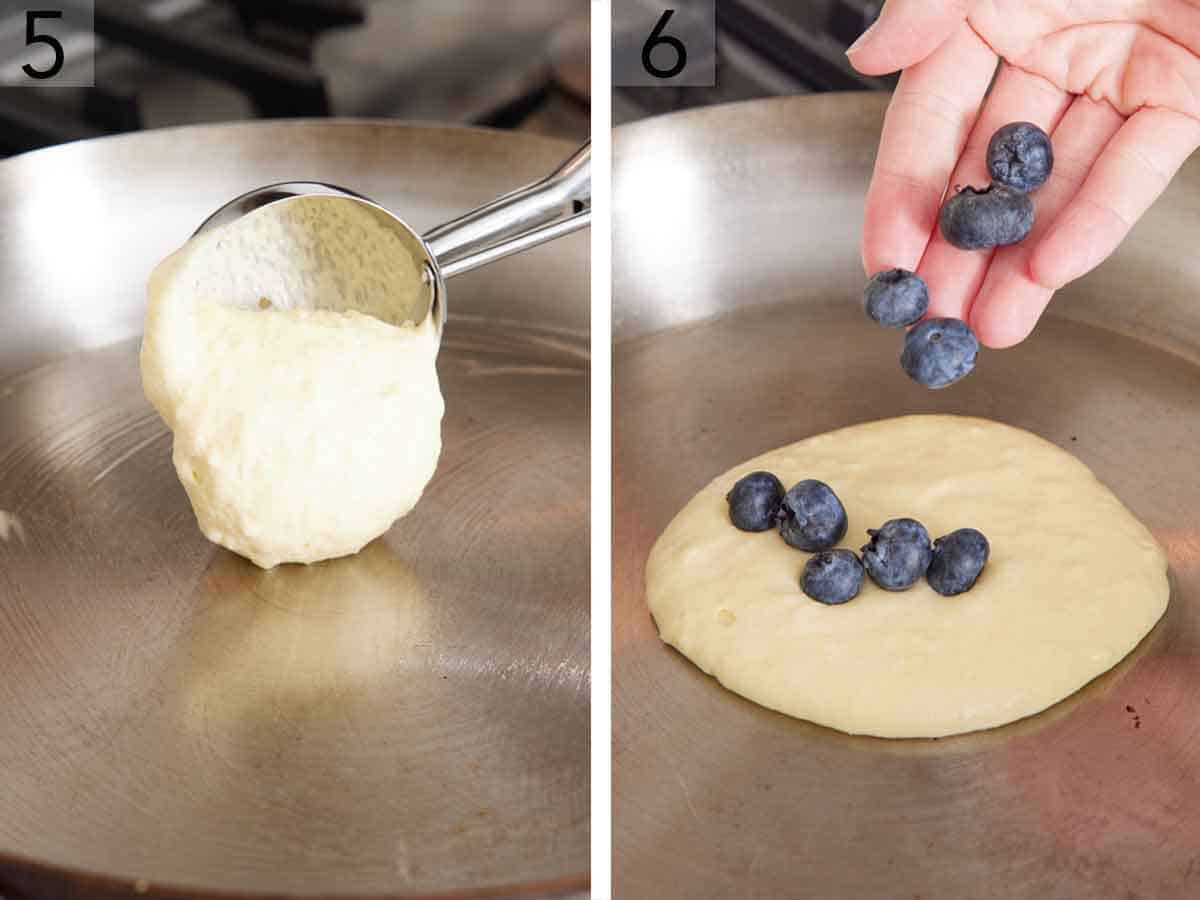 Set of two photos showing a scoop of pancake batter added to a skillet and topped with blueberries.