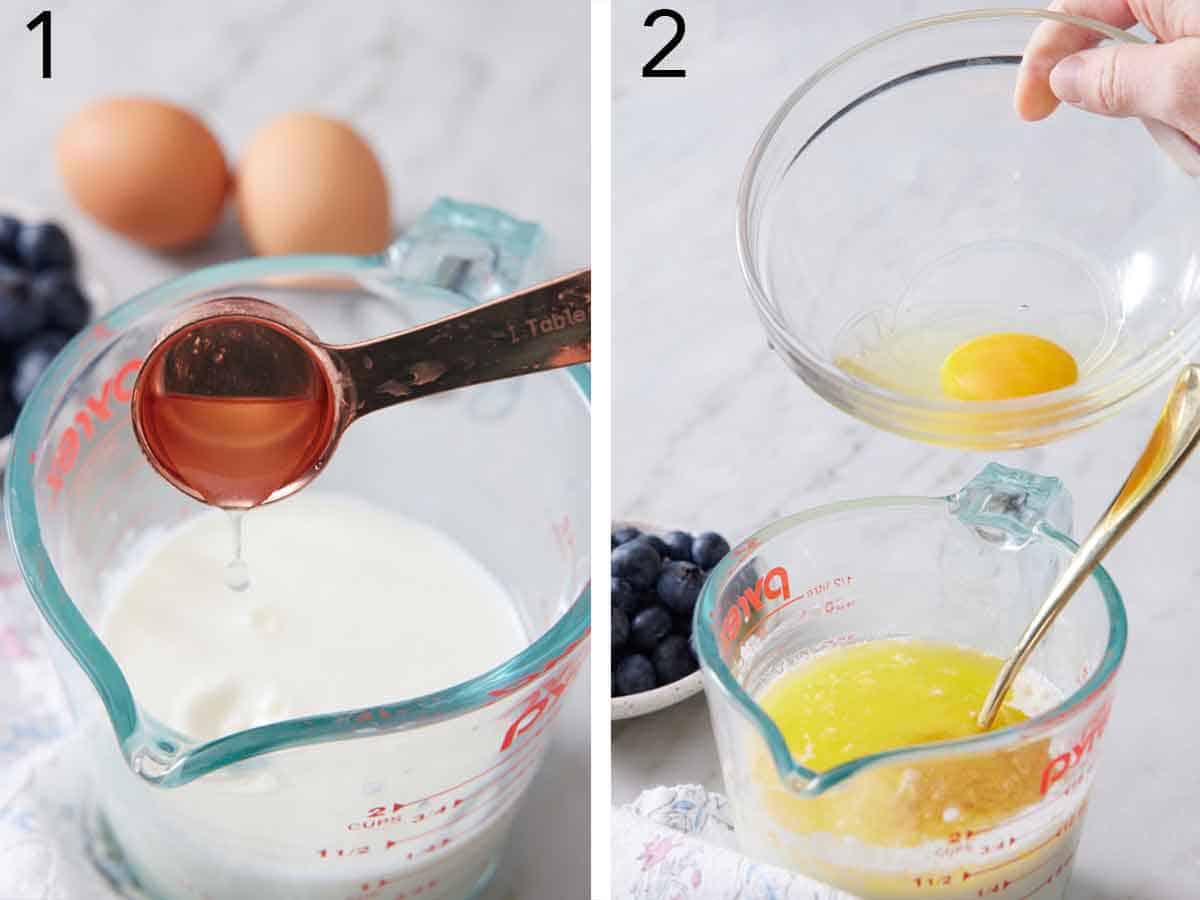 Set of two photos showing lemon juice added to a measuring cup of milk and egg added.
