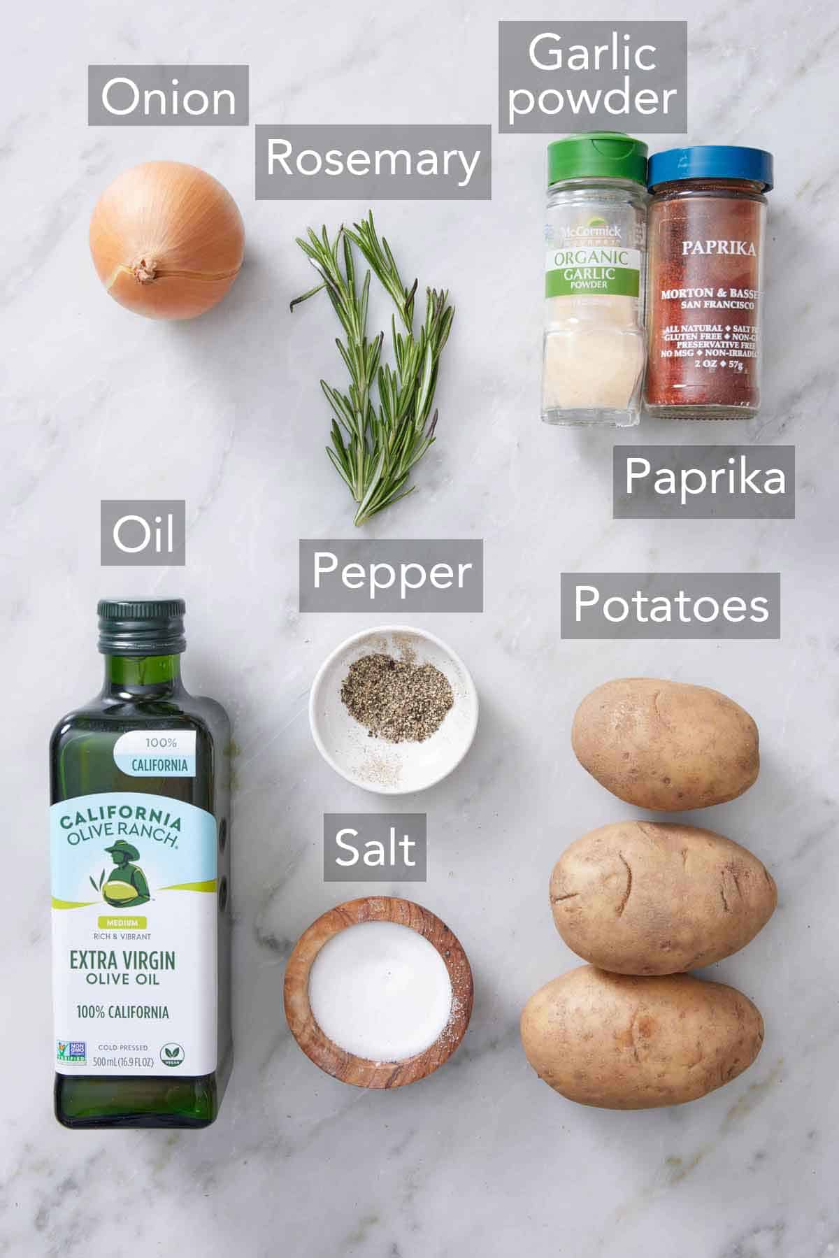 Ingredients needed to make breakfast potatoes.