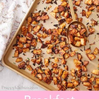 Pinterest graphic of a sheet pan of breakfast potatoes with a ladle with a scoop of potatoes in the middle.