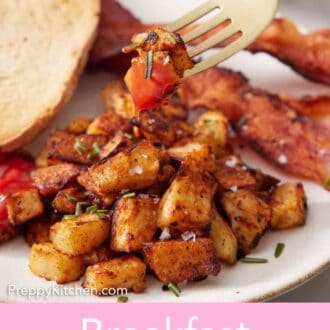 Pinterest graphic of a fork lifting up a bite of breakfast potatoes from a plate.
