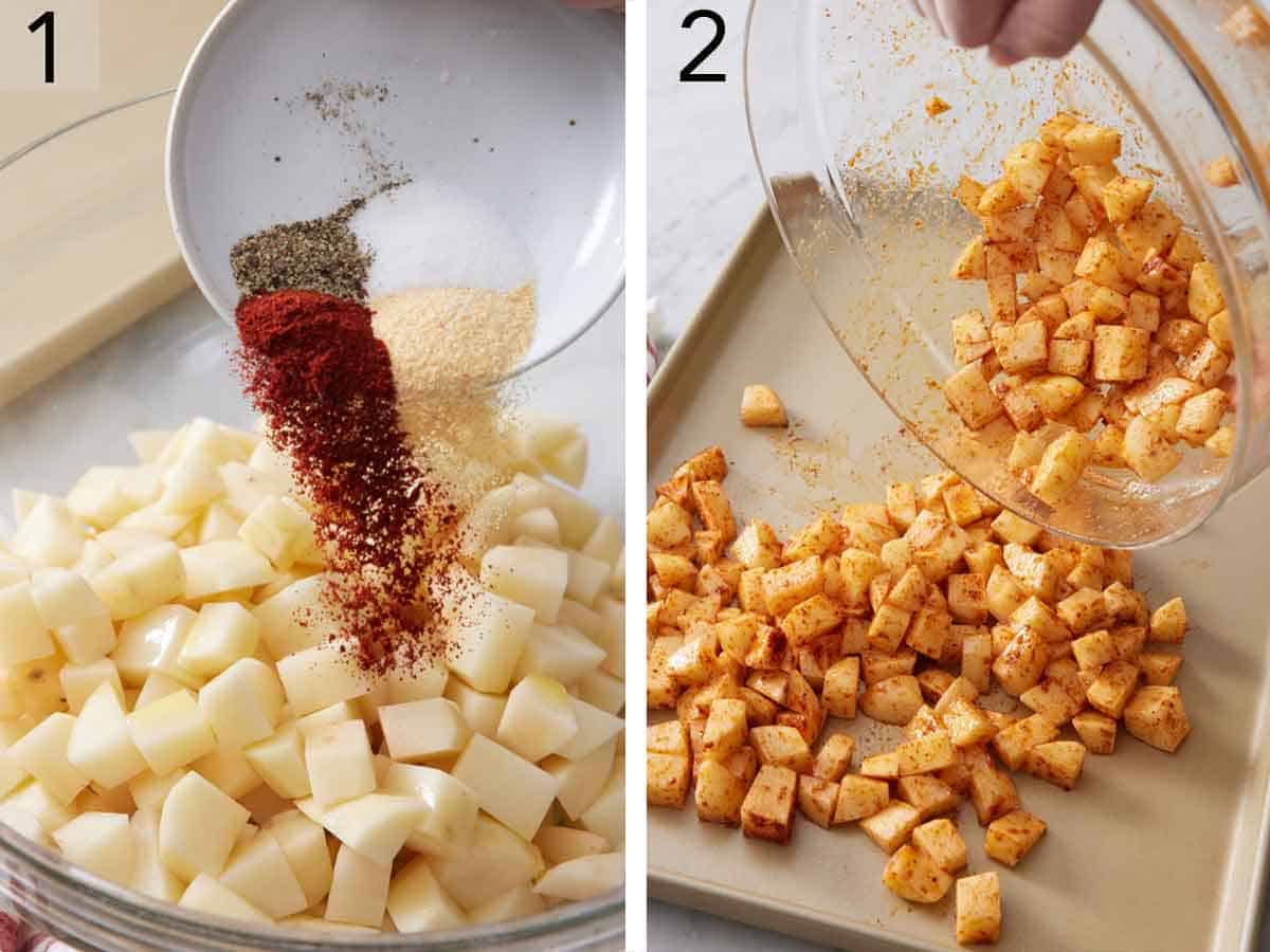 Set of two photos showing seasoning added to diced potatoes then poured into a sheet pan.