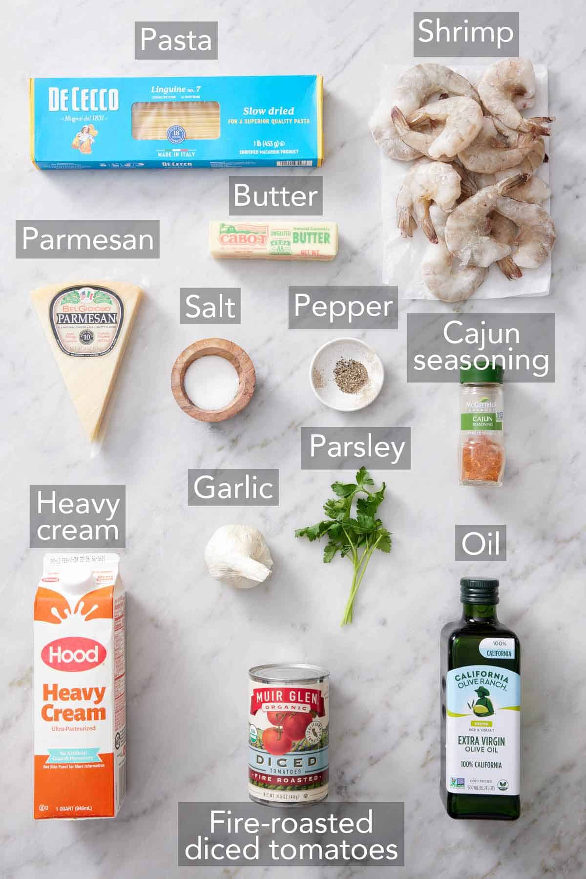 Ingredients needed to make cajun shrimp pasta.