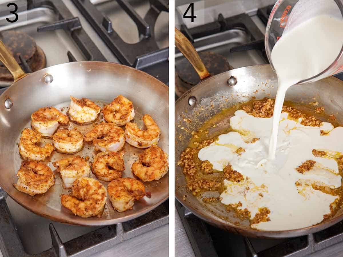 Set of two photos showing shrimp seared in a skillet and then heavy cream added to a skillet.