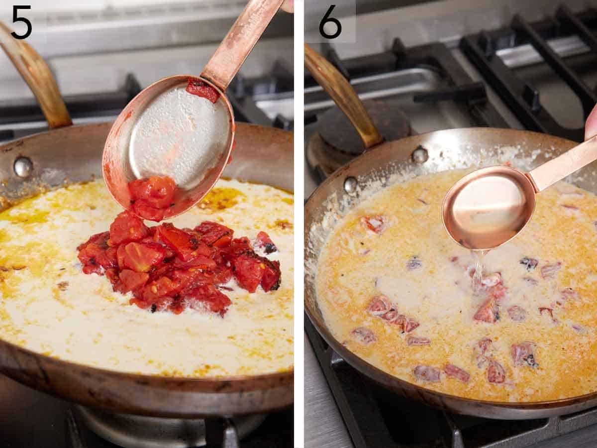 Set of two photos showing diced tomatoes and water added to a skillet.