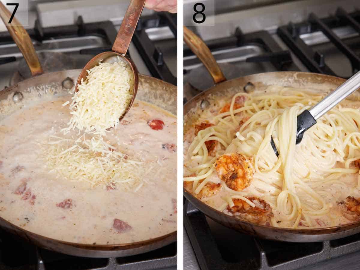 Set of two photos showing parmesan added to the sauce in the skillet and noodles added back to coat.