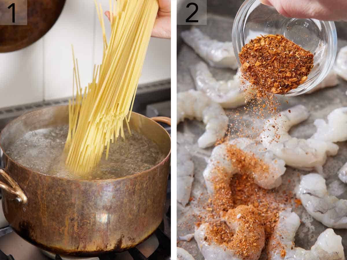 Set of two photos showing pasta added to a pot of boiling water and seasoning added to raw shrimp.