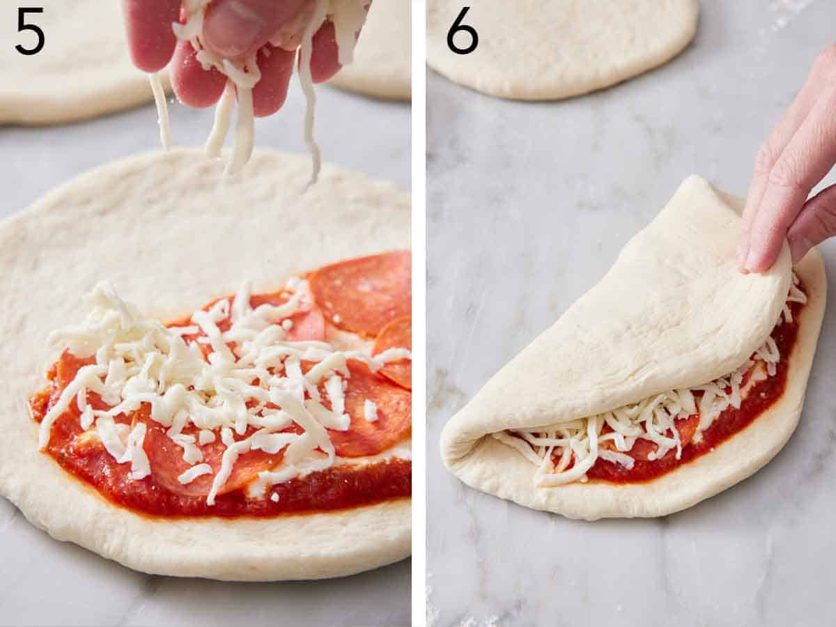 Set of two photos showing cheese sprinkled on top of the pepperoni and the dough folded in half.