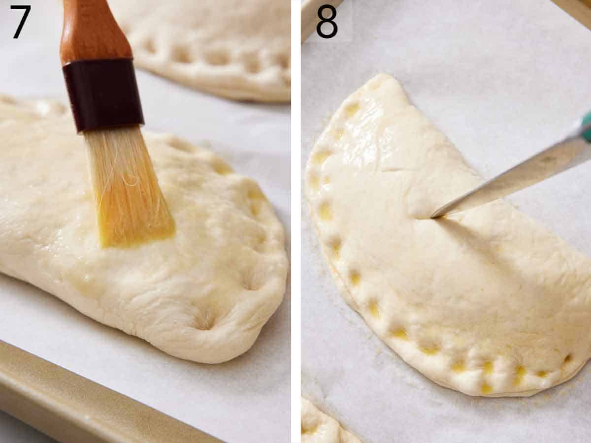 Set of two photos showing egg wash brushed over the calzone and small slits cut on top.