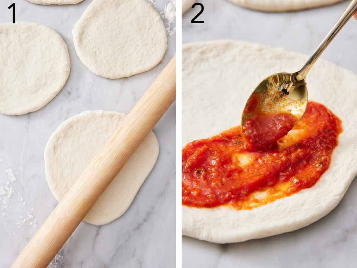 Set of two photos showing pizza dough rolled and sauce added.