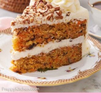 Pinterest graphic of a slice of carrot cake on a plate, showing the two cake layers with frosting in between.