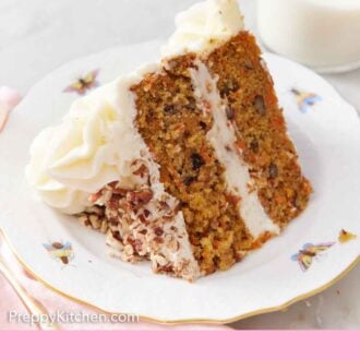 Pinterest graphic of a slice of carrot cake lying on its side on a plate, showing the two cake layers with frosting in between.
