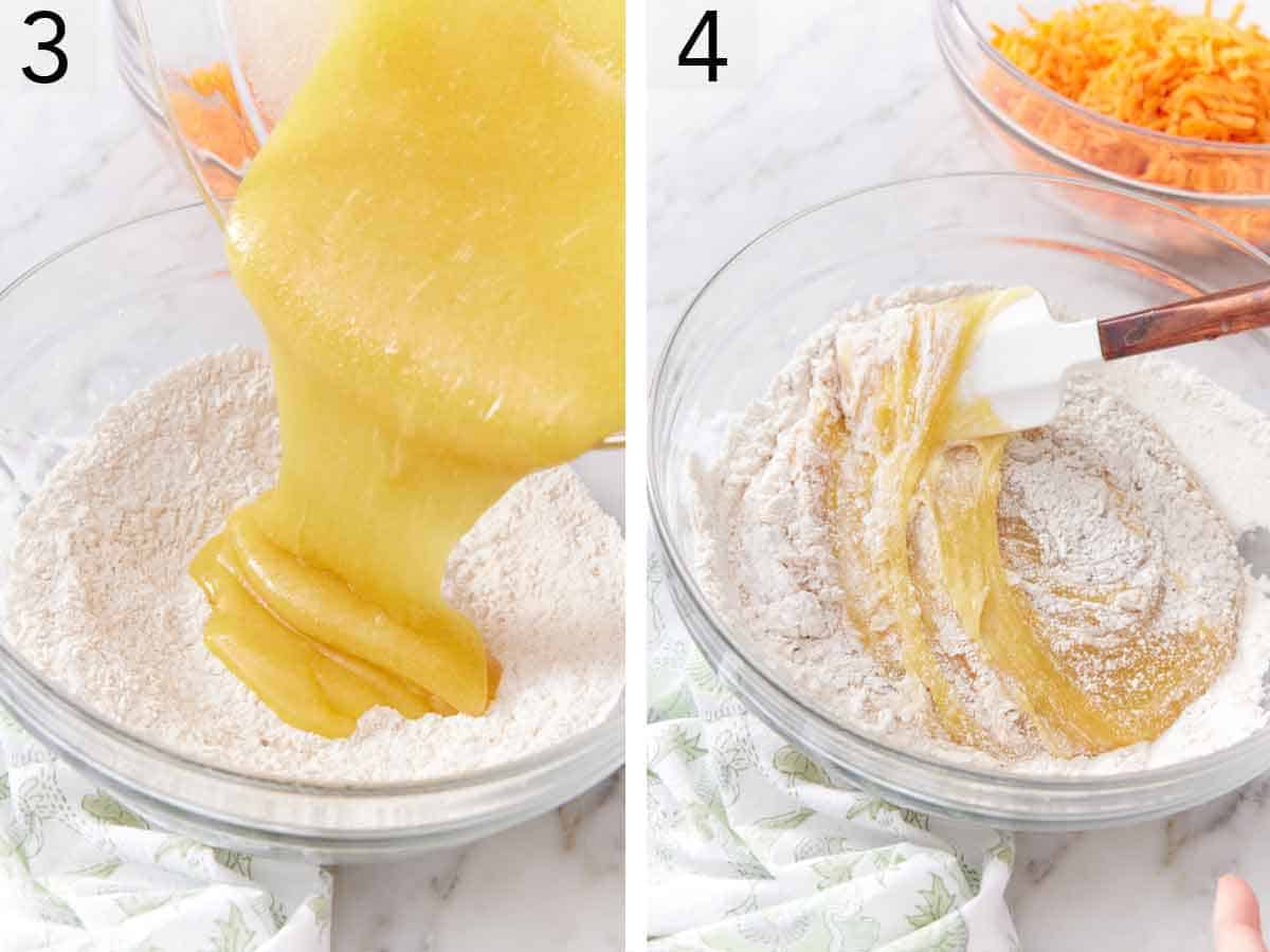 Set of two photos showing wet ingredients poured into dry ingredients and mixed with a spatula.