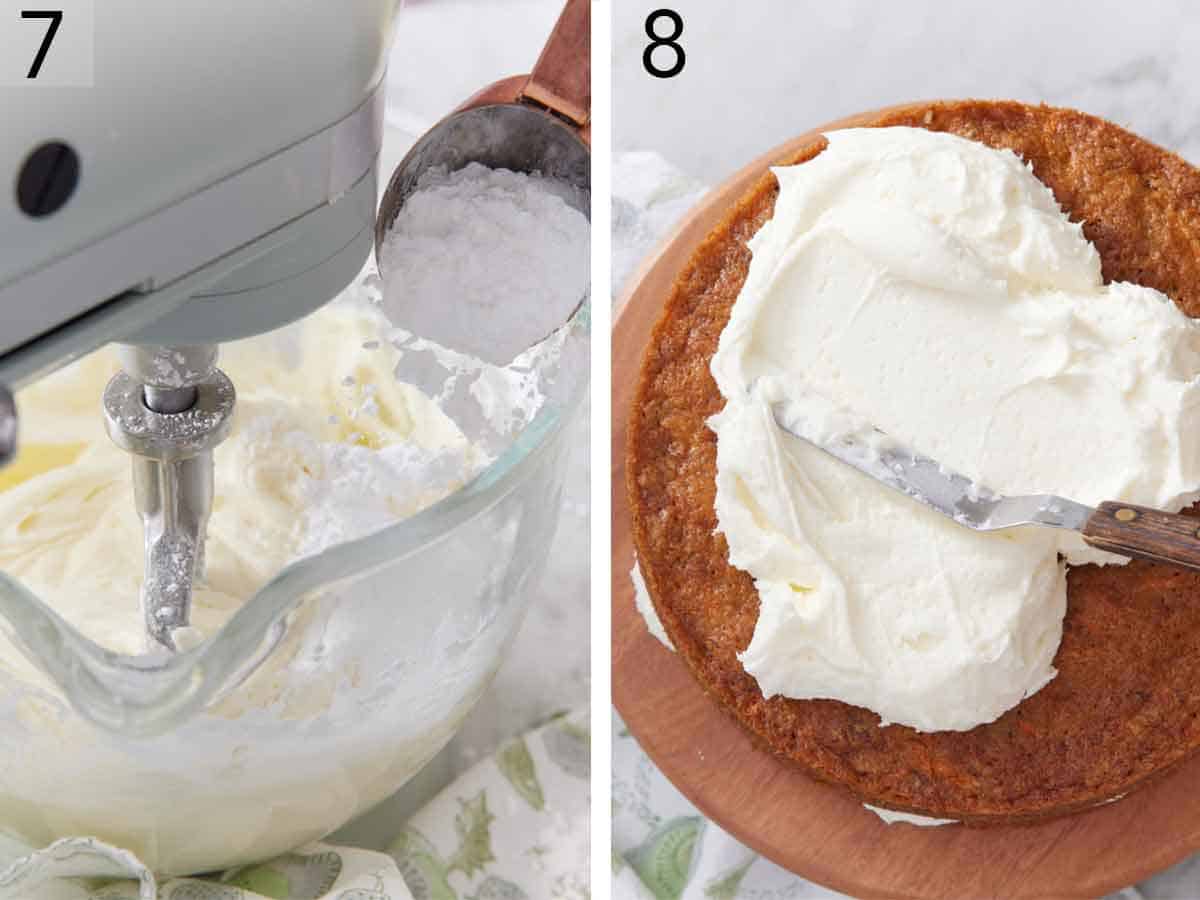 Set of two photos showing powdered sugar added to a mixer to create a frosting then frosting spread over the cake.
