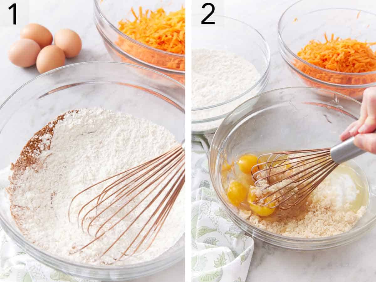Set of two photos showing dry ingredients whisked in a bowl and wet ingredients whisked in another.