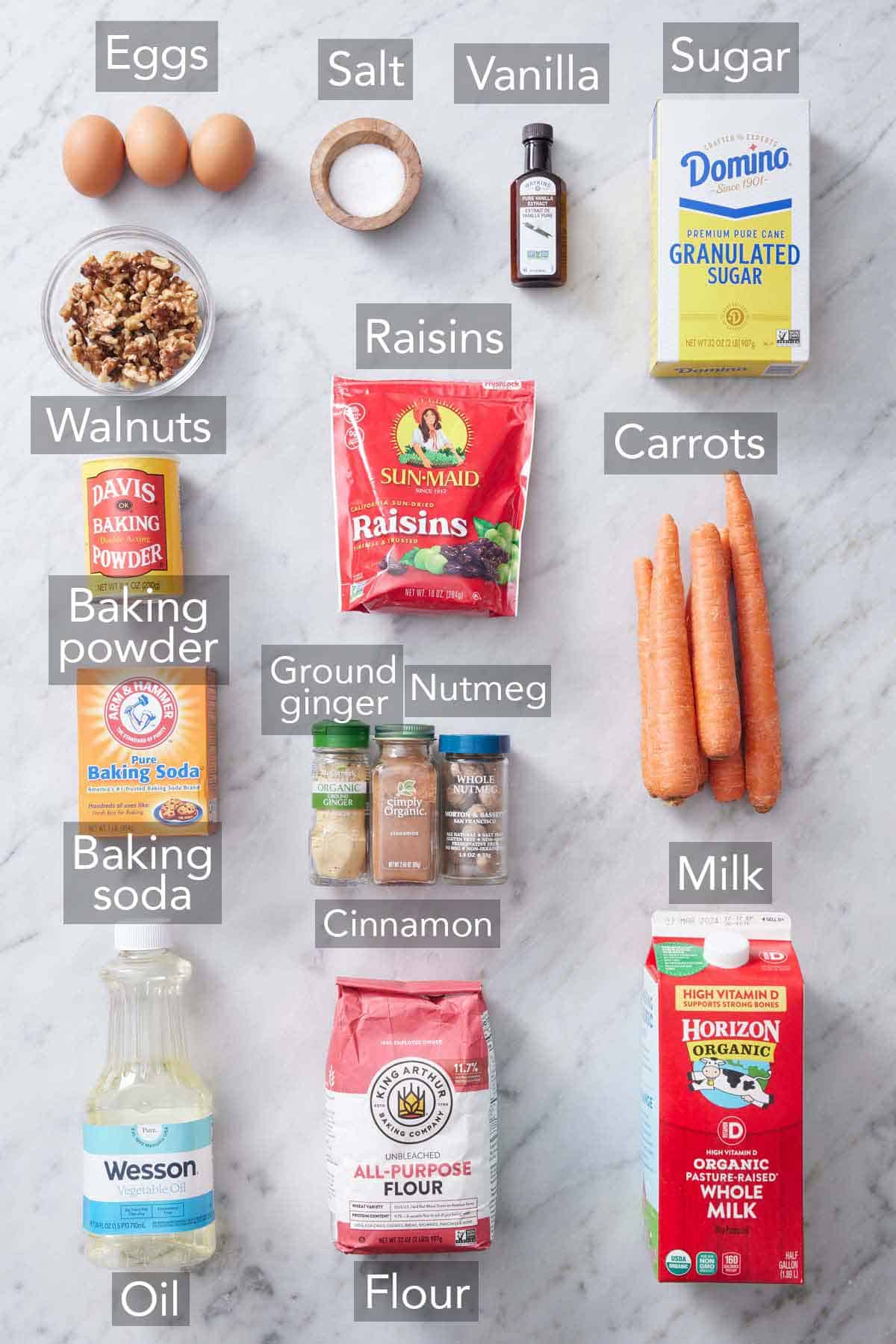 Ingredients needed to make carrot muffins.