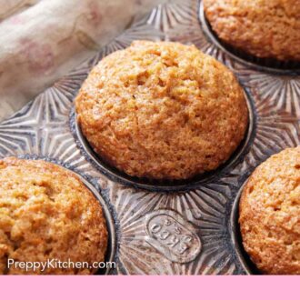 Pinterest graphic of carrot muffins in a muffin tin. Forks in the background.