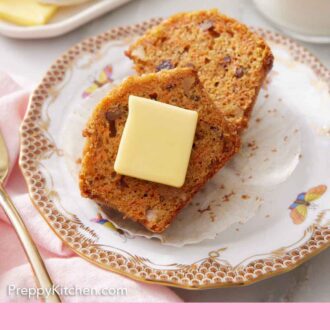 Pinterest graphic of a plate with a carrot muffin cut in half with a slab of butter on one half.