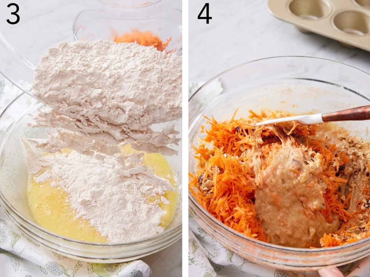 Set of two photos showing all the ingredient combined in a bowl and mixed.