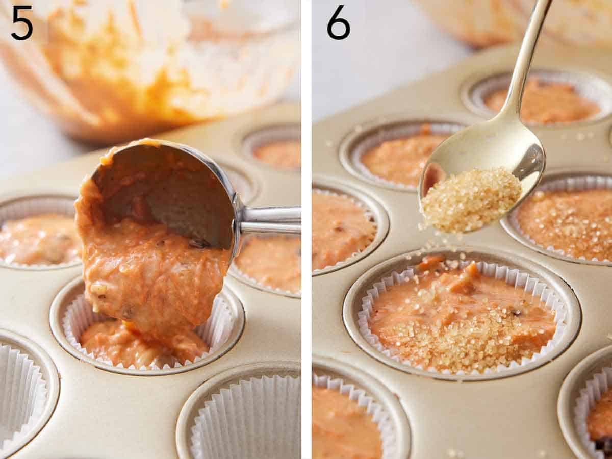Set of two photos showing batter scooped into a lined muffin tin and sugar sprinkled on top.