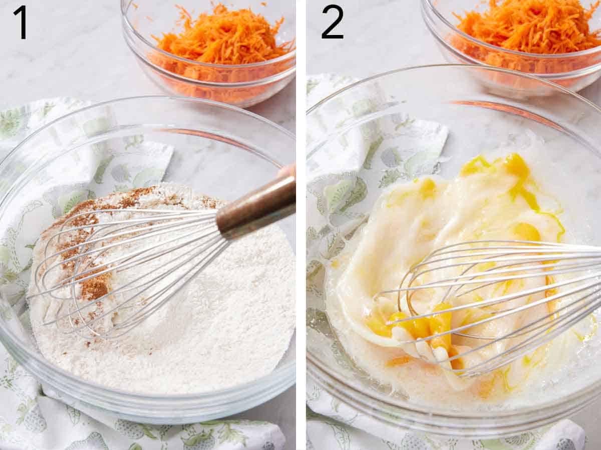 Set of two photos showing dry and wet ingredients whisked in separate bowls.