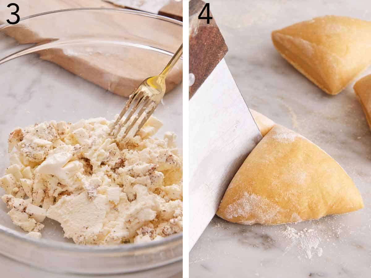 Set of two photos showing cheese and seasoning mixed in a bowl and dough cut into four pieces.