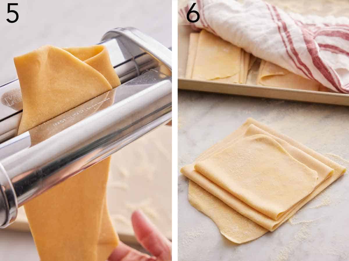 Set of two photos showing pasta run through a pasta maker and sheets of dough rested.