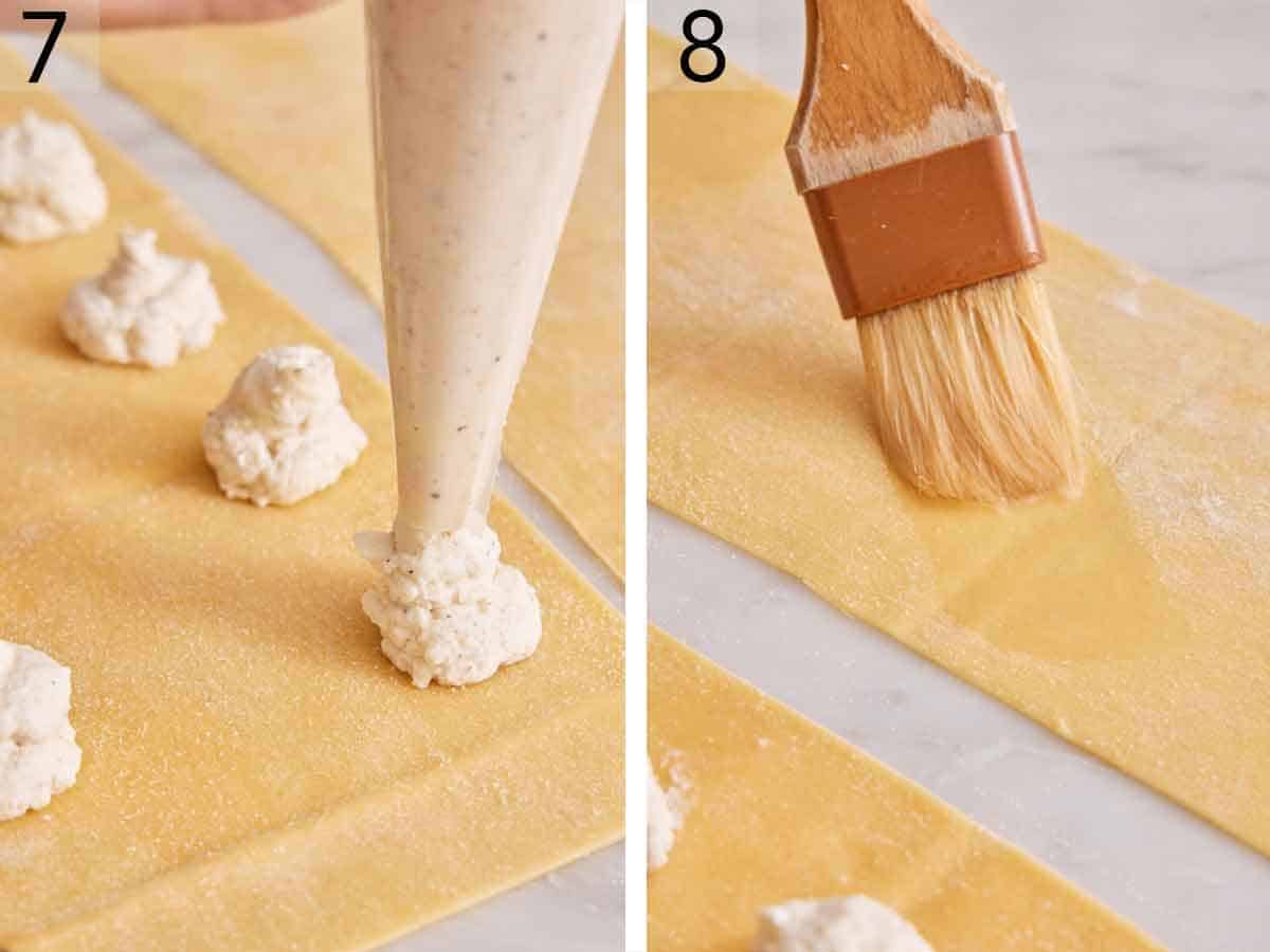 Set of two photos showing cheese piped onto sheets of dough and another sheet brushed with water.