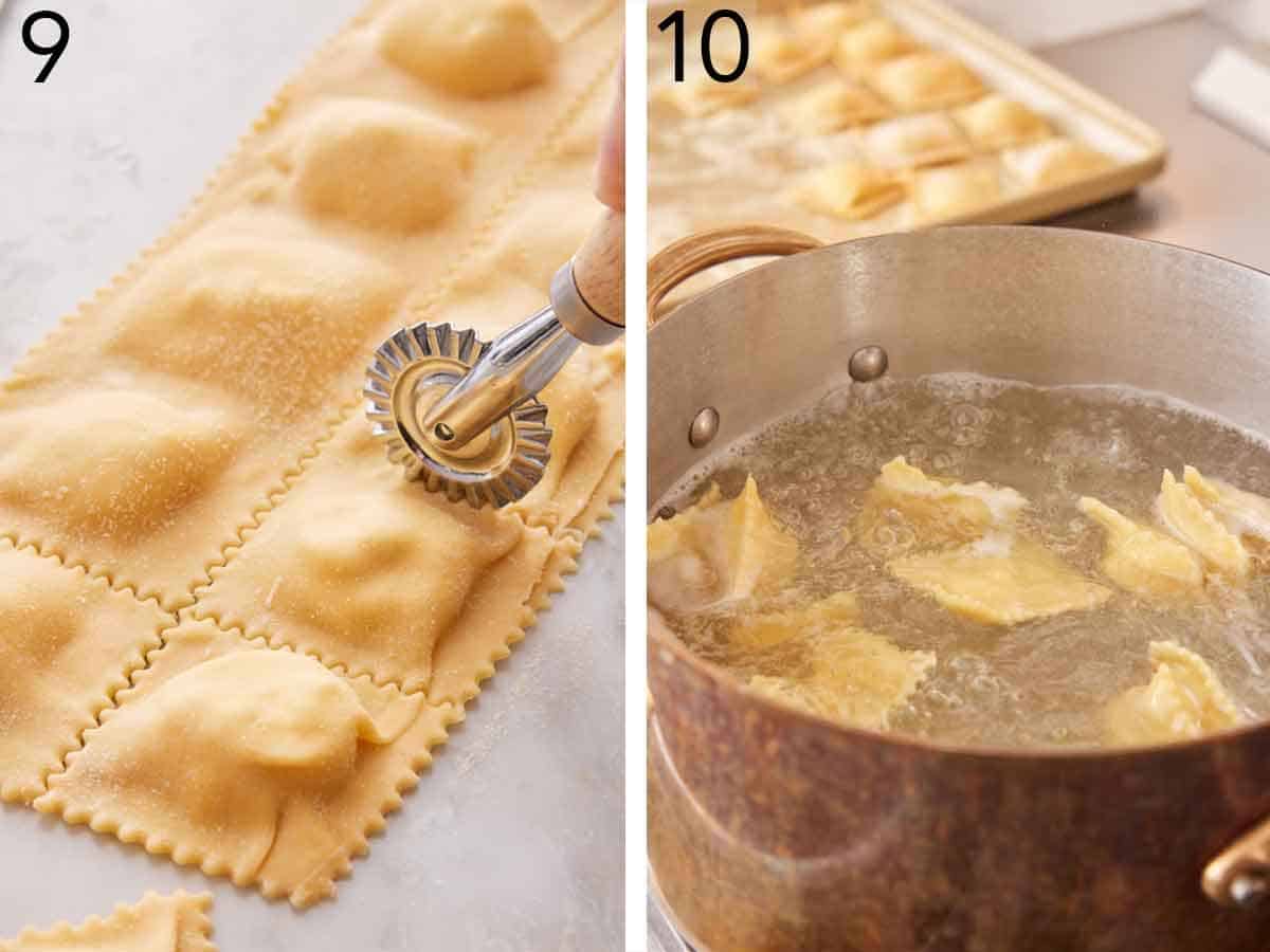 Set of two photos showing cheese ravioli cut and boiled.