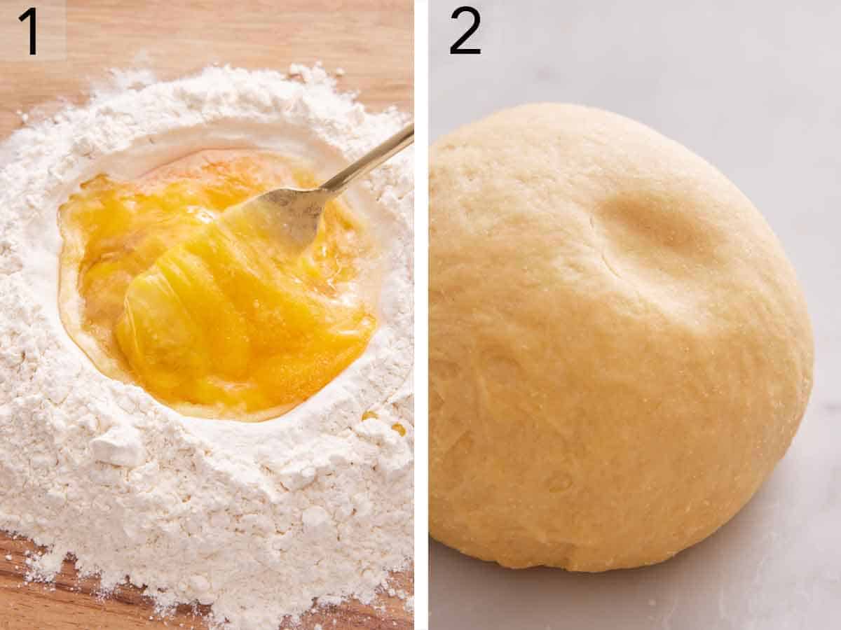 Set of two photos showing a pile of flour with a well in the middle full of eggs being whisked and a dough ball.