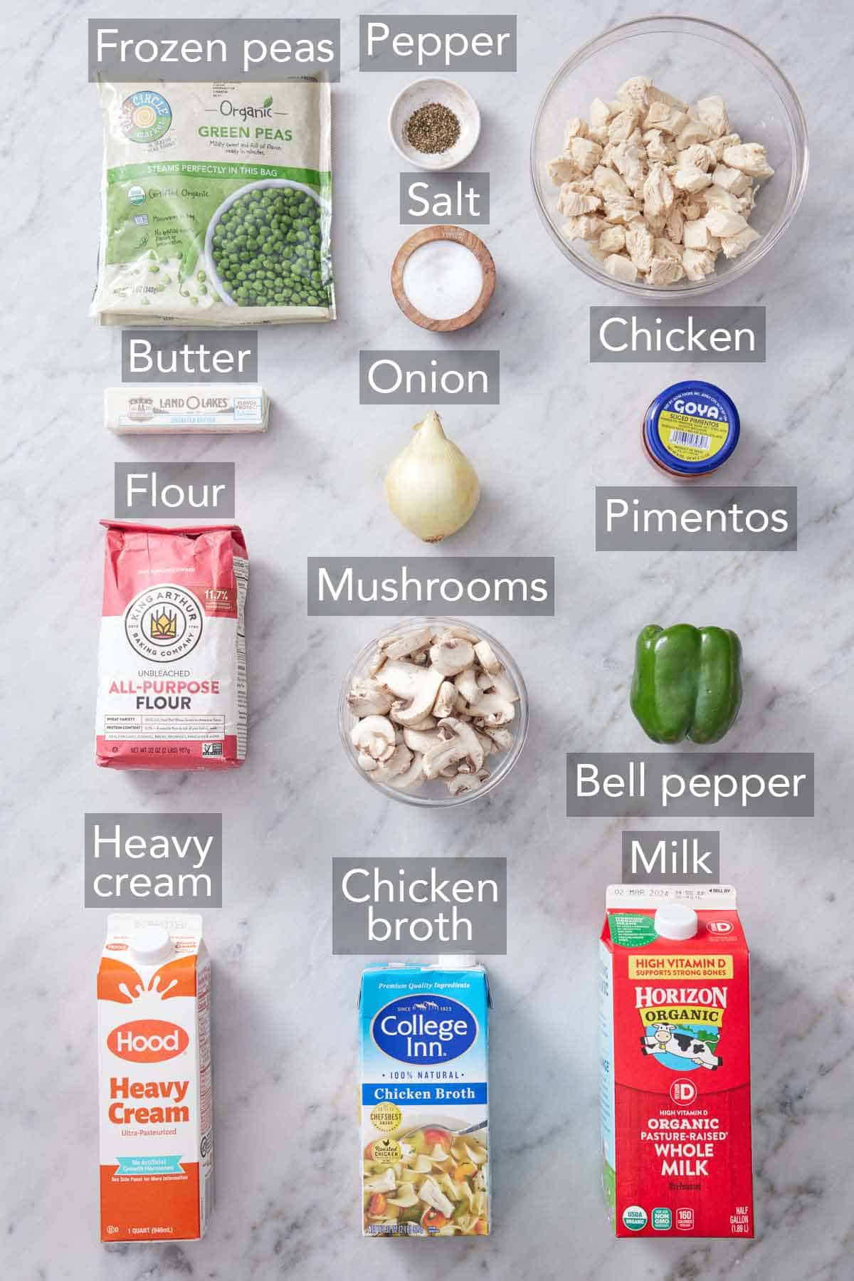 Ingredients needed to make chicken a la king.