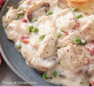 Pinterest graphic of a close up view of chicken a la king on a plate with a biscuit in the background.
