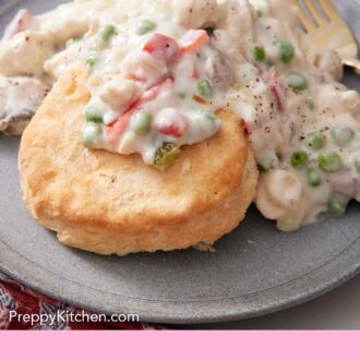 Pinterest graphic of chicken a la king on a plate and on top of a biscuit.