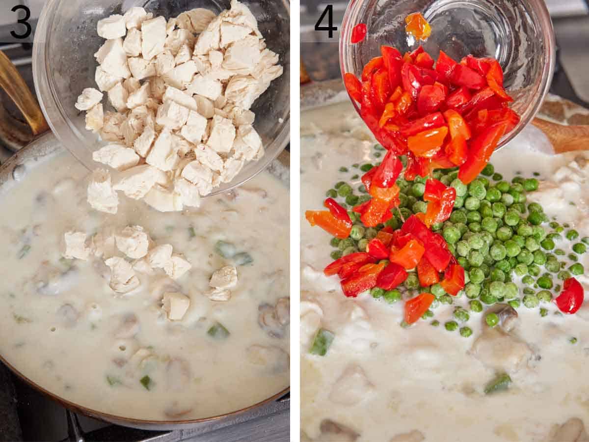Set of two photos showing cooked chicken, frozen peas, and pimentos added to the skillet.