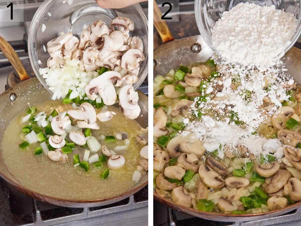 Set of two photos showing bell peppers, onions, and mushrooms added to a skillet of melted butter then flour added.