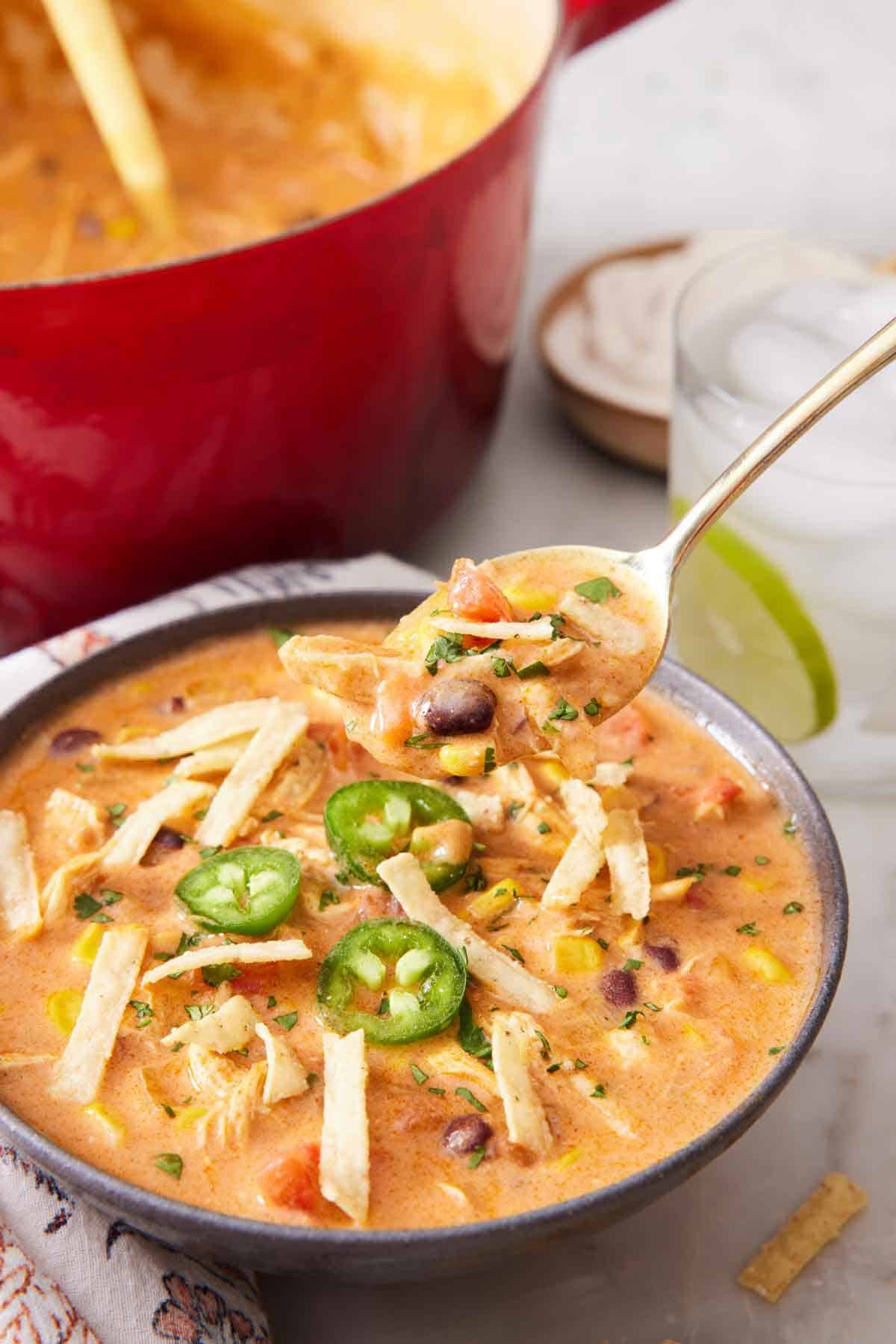 A spoonful of chicken enchilada soup lifted from a bowl.