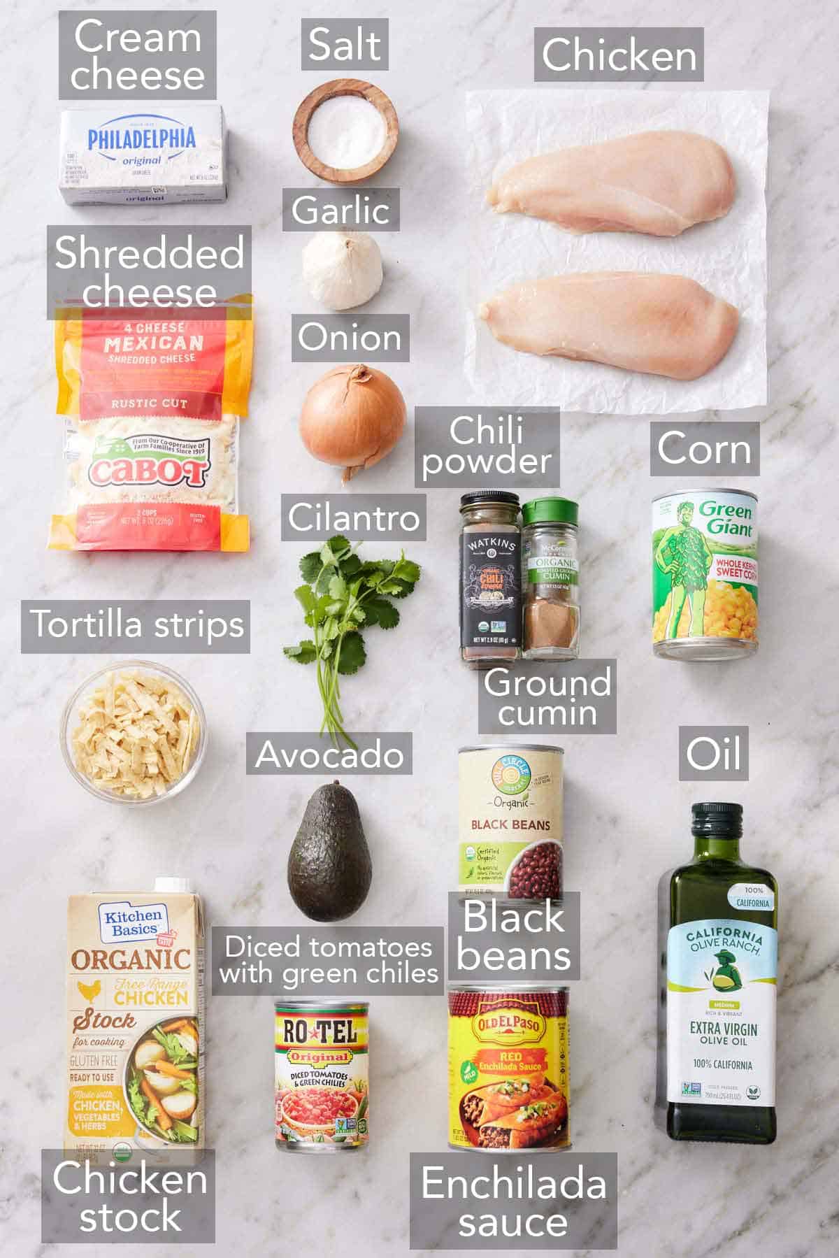 Ingredients needed to make chicken enchilada soup.