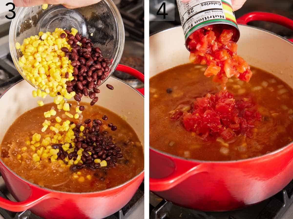 Set of two photos showing corn, black beans, and diced tomatoes added to the pot.