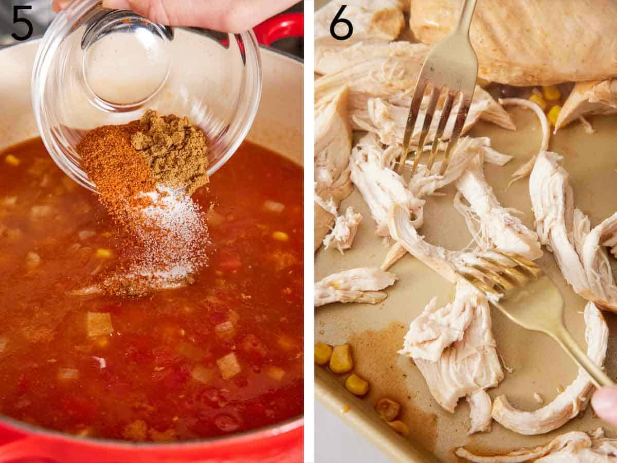 Set of two photos showing seasoning added to the pot of soup and chicken getting shredded.