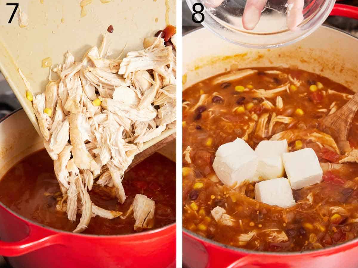 Set of two photos showing the shredded chicken added back to the soup and cubed cream cheese added.
