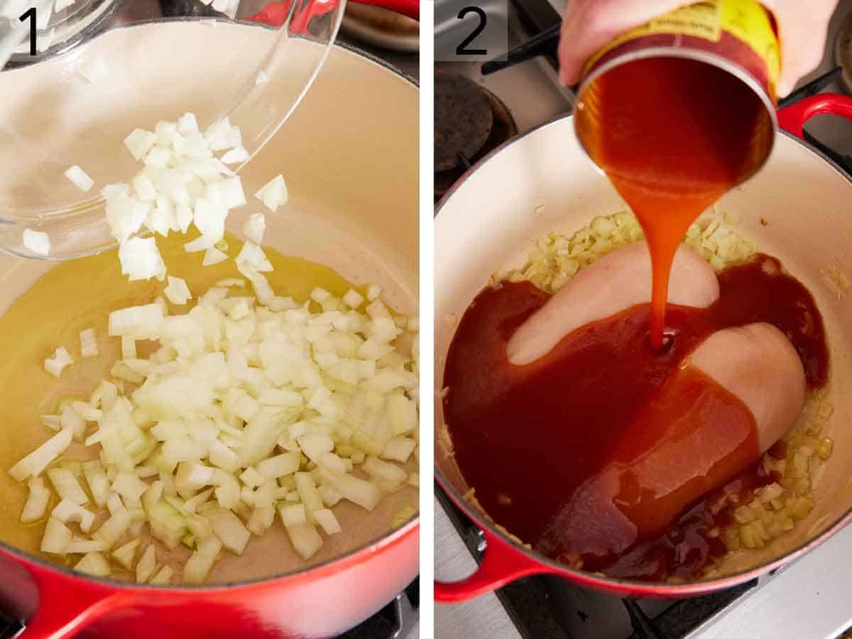 Set of two photos showing onions added to a pot then enchilada sauce and chicken added to the pot.