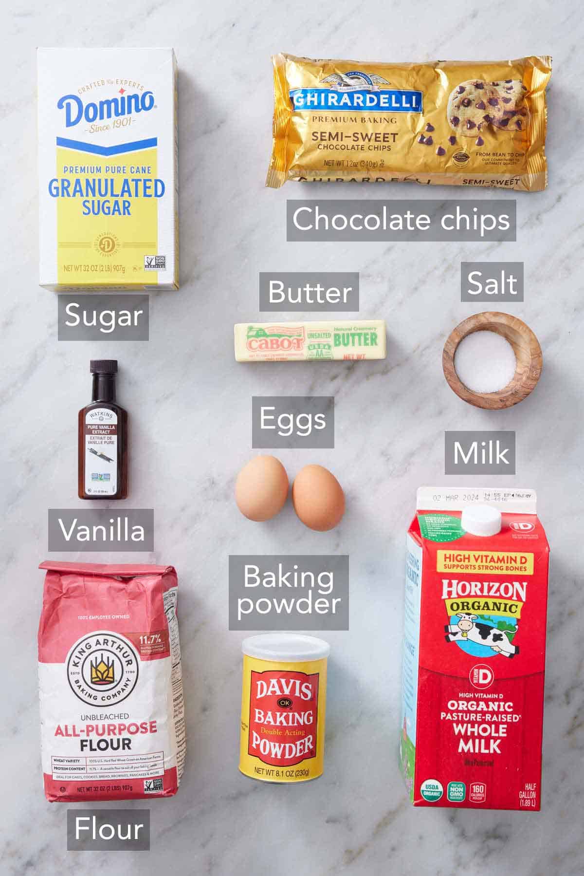 Ingredients needed to make chocolate chip pancakes.