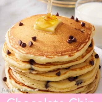 Pinterest graphic of syrup poured over a stack of chocolate chip pancakes with butter.