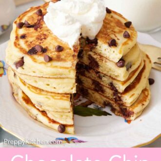 Pinterest graphic of a stack of cut chocolate chip pancakes with whipped cream on top with a glass of milk in the back.