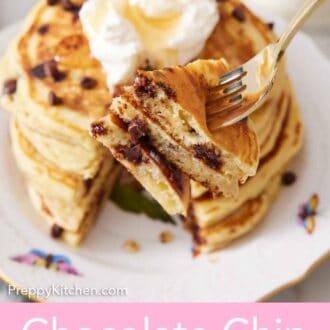 Pinterest graphic of a fork holding up a bite of chocolate chip pancakes with the rest of the pancakes in the background.