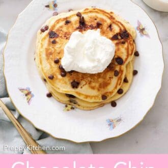Pinterest graphic of an overhead view of a stack of chocolate chip pancakes topped with whipped cream.