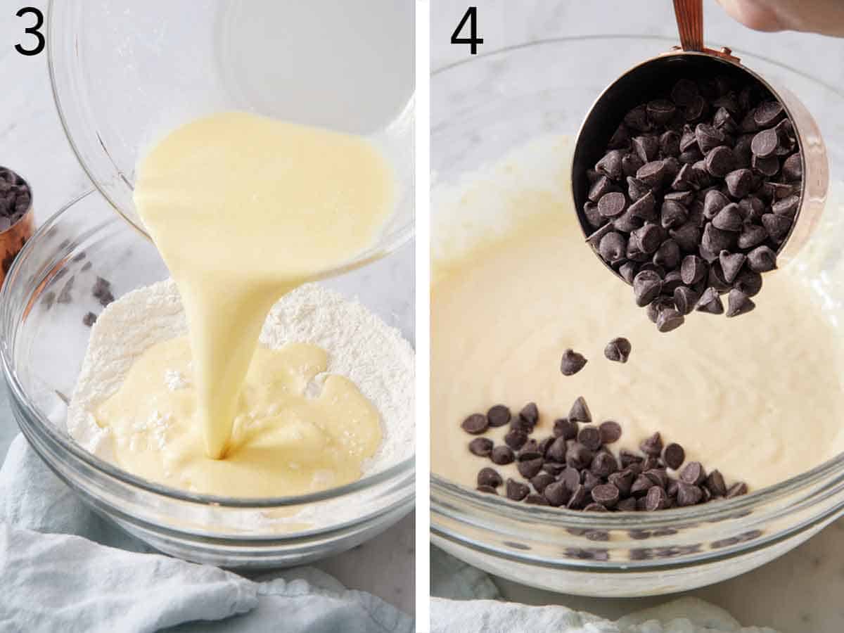 Set of two photos showing wet ingredients poured into the dry ingredients and chocolate chips added.